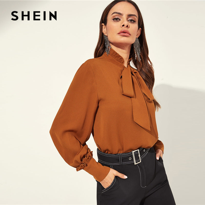 Shonlo | shein Rust Frill Detail Tied Neck Bishop Sleeve blouse 