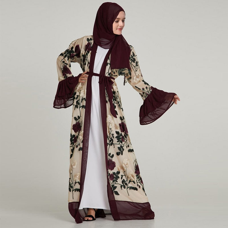 Shonlo | Kimonos  Long Abaya Chifffon Embroidery Floral 