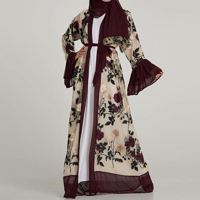 Shonlo | Kimonos  Long Abaya Chifffon Embroidery Floral 