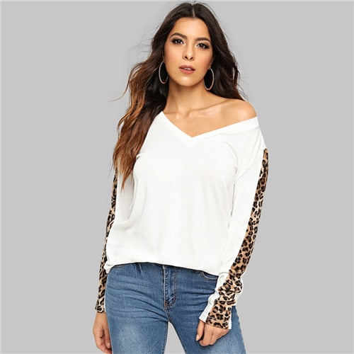 Shonlo | White Casual V Neck Leopard blouse 