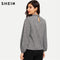 Shonlo | SHEIN Grey Button Front Ruffle Stand Collar Blouses 