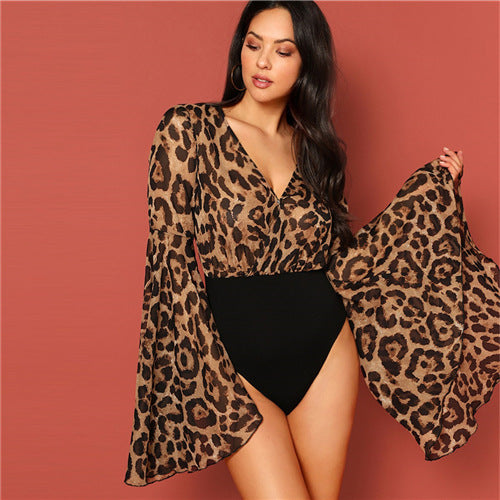Shonlo | Party Exaggerated Bell Sleeve Leopard Print Bodysuit 