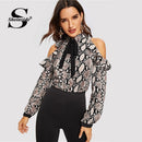 Shonlo | Tie Neck Cold Shoulder Snake Print Blouse 