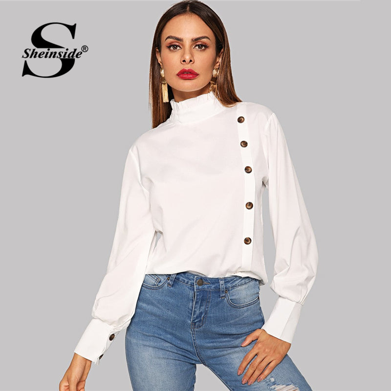 Shonlo | Ruffle Turtleneck White Blouse 