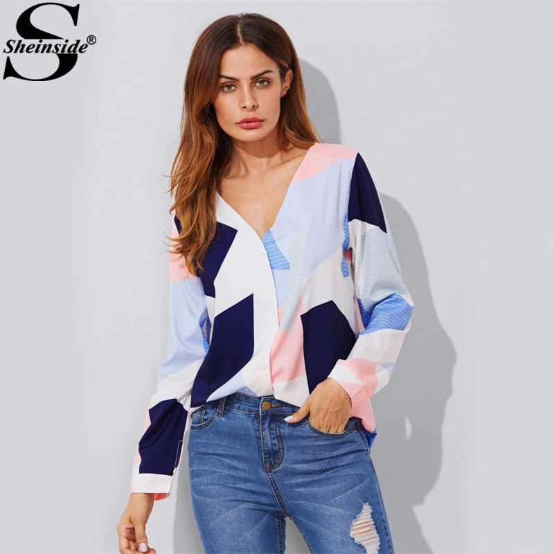 Shonlo | V Neckline Patchwork Blouse Long Sleeve 