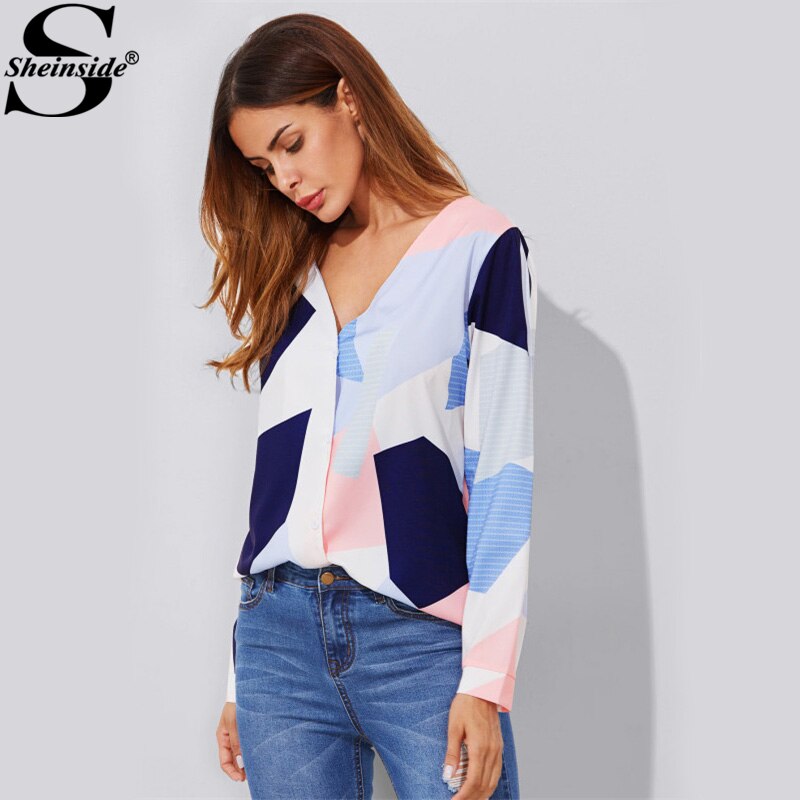 Shonlo | V Neckline Patchwork Blouse Long Sleeve 