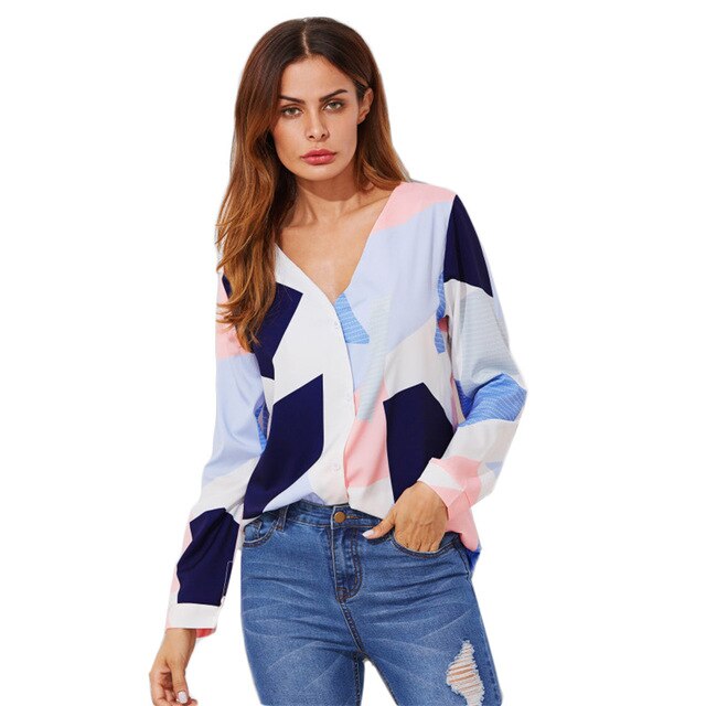 Shonlo | V Neckline Patchwork Blouse Long Sleeve 