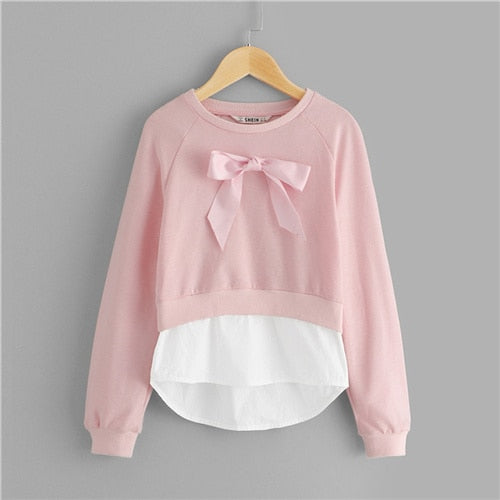 Shonlo | SHEIN Girls Pink Bow Front Casual Sweatshirts 