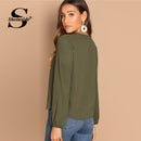 Shonlo | Sheinside  Army Green V Neck Blouse 