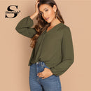 Shonlo | Sheinside  Army Green V Neck Blouse 