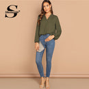 Shonlo | Sheinside  Army Green V Neck Blouse 