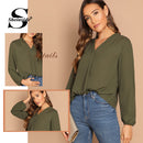 Shonlo | Sheinside  Army Green V Neck Blouse 