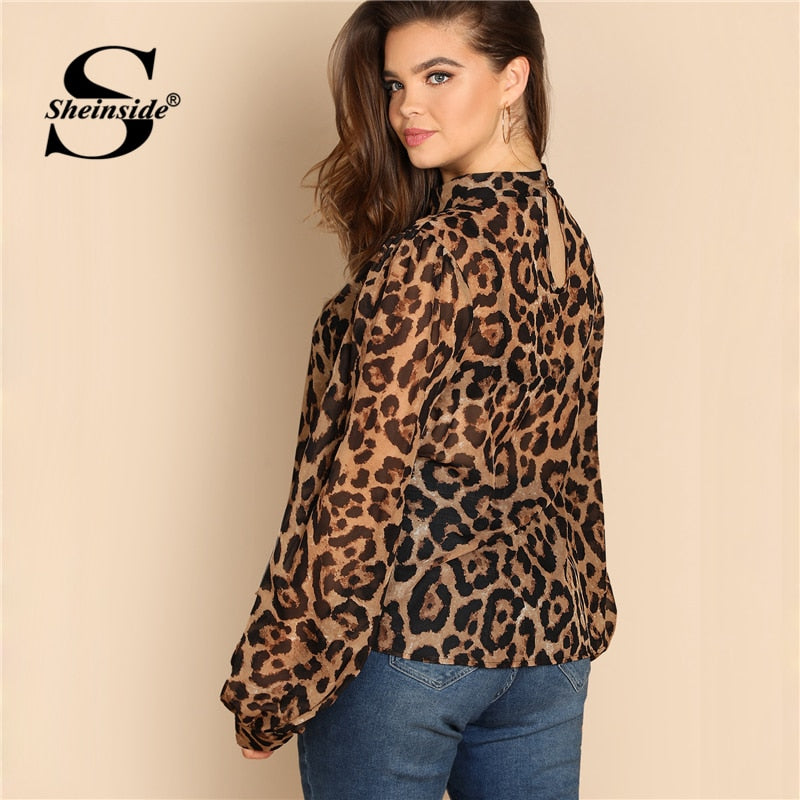 Shonlo | Plus Size Choker Neck Semi Sheer Leopard Blouse 