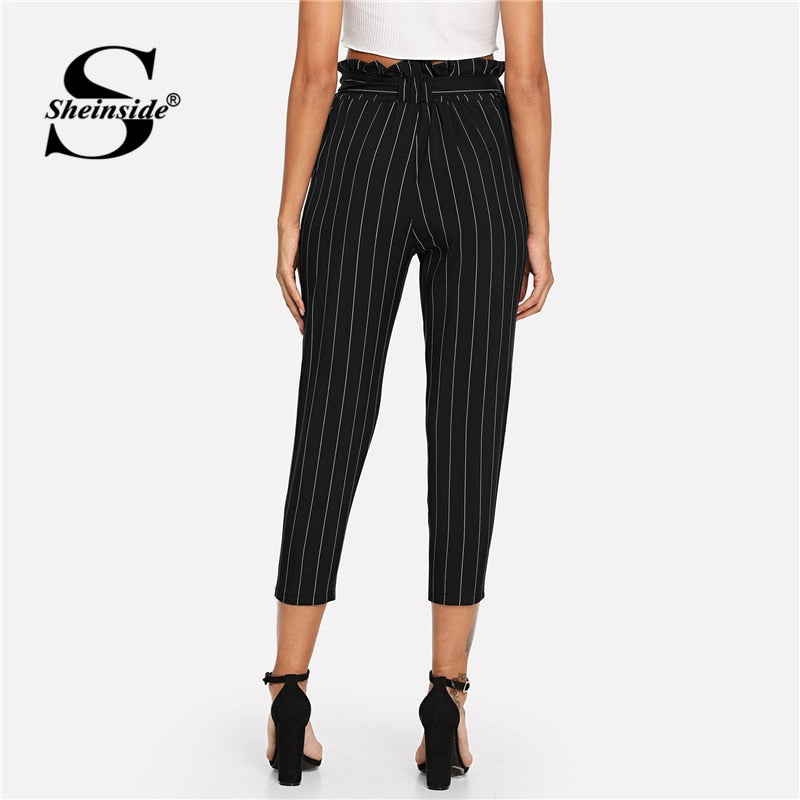 Shonlo | Striped Ruffle Waist Belted High Waist Pants 