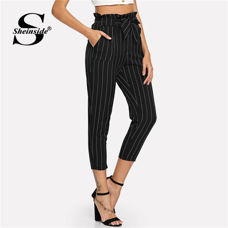 Shonlo | Striped Ruffle Waist Belted High Waist Pants 