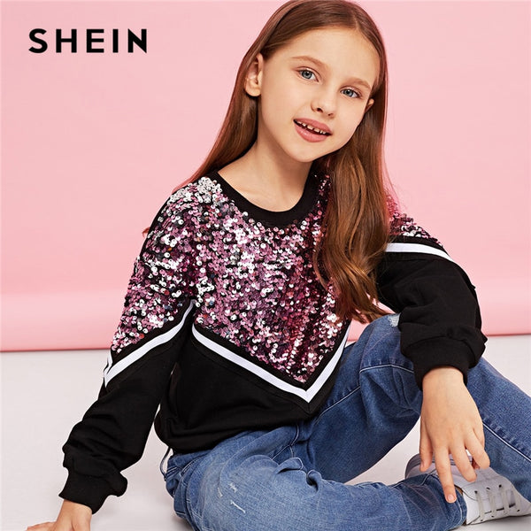 Shonlo | SHEIN Contrast Sequin Casual Pullover Sweatshirts 