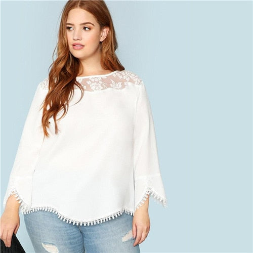 Shonlo | SHEIN Plus Size White Sheer Lace Shoulder Blouses 