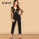 Shonlo | Contrast Mesh Sleeve Sequin Detail Wrap Front Jumpsuit 