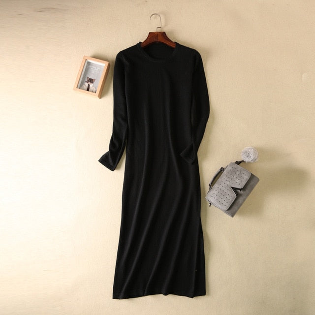 Shonlo | O-neck Wool Knit Straight Dress 