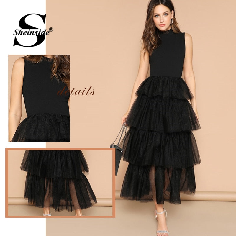 Shonlo | Black Sleeveless Layered Contrast Party Dress 