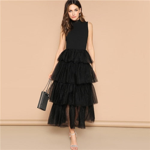 Shonlo | Black Sleeveless Layered Contrast Party Dress 