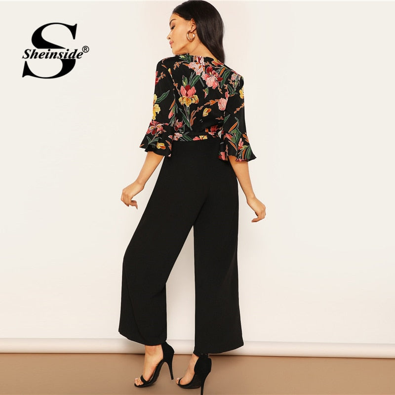 Shonlo | Elegant Floral Print Wrap Wide Leg Jumpsuit 