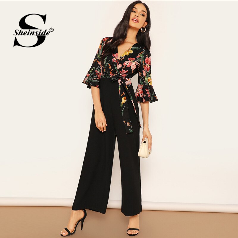 Shonlo | Elegant Floral Print Wrap Wide Leg Jumpsuit 