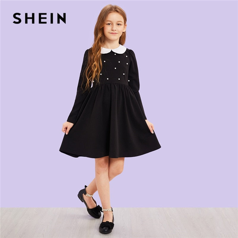 Shonlo | SHEIN Girls Black Contrast Collar Pearl dress 