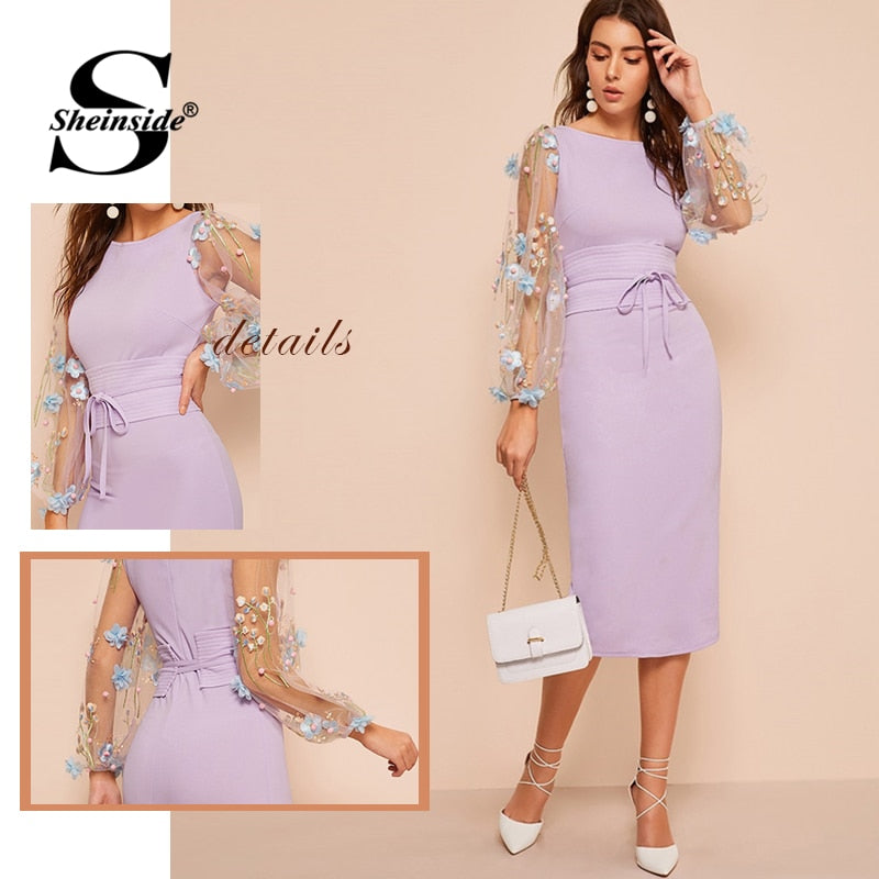 Shonlo | Elegant Embroidered Applique Mesh Sleeve Dress 