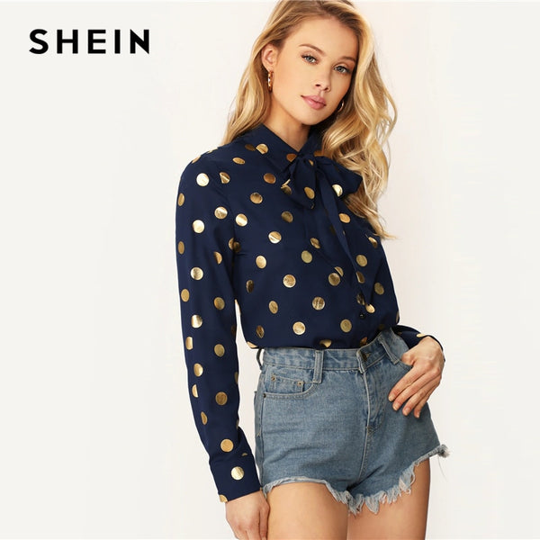 Shonlo | SHEIN Classy Navy Tie Neck 