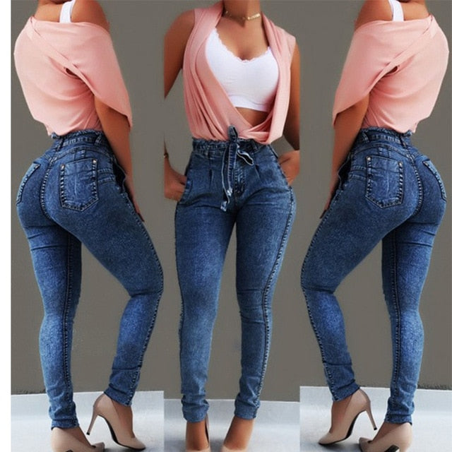 Shonlo | Jeans Bodycon Tassel Belt Bandage Skinny Push Up Jeans Woman 