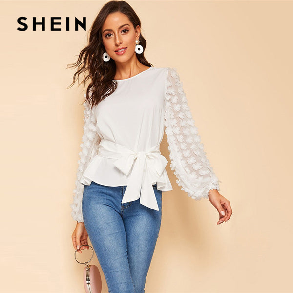 Shonlo | SHEIN Appliques Lantern Sleeve Belted 