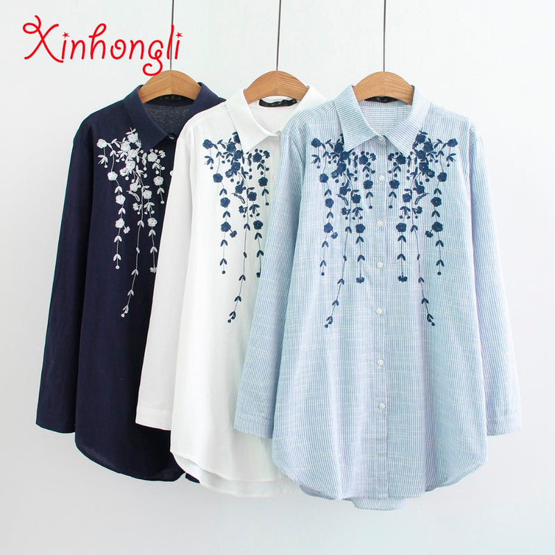 Shonlo | Plus size Cotton Embroidery loose women shirts 