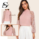 Shonlo | Pink Elegant Contrast Lace Patchwork Sleeve Blouse 