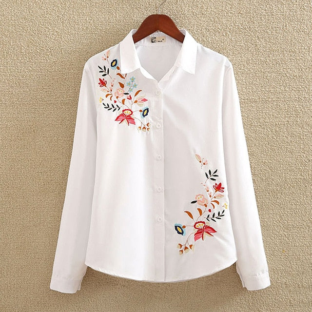 Shonlo | Long Sleeve Floral Embroidery Blouse 