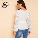 Shonlo | White Appliques Bishop Sleeve Belted Top 