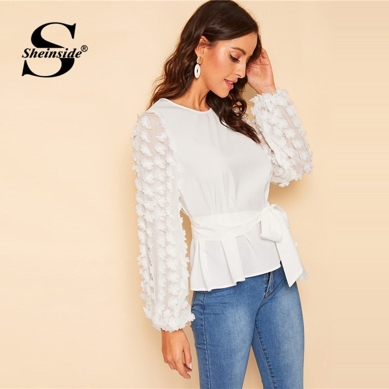Shonlo | White Appliques Bishop Sleeve Belted Top 