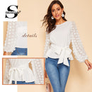 Shonlo | White Appliques Bishop Sleeve Belted Top 