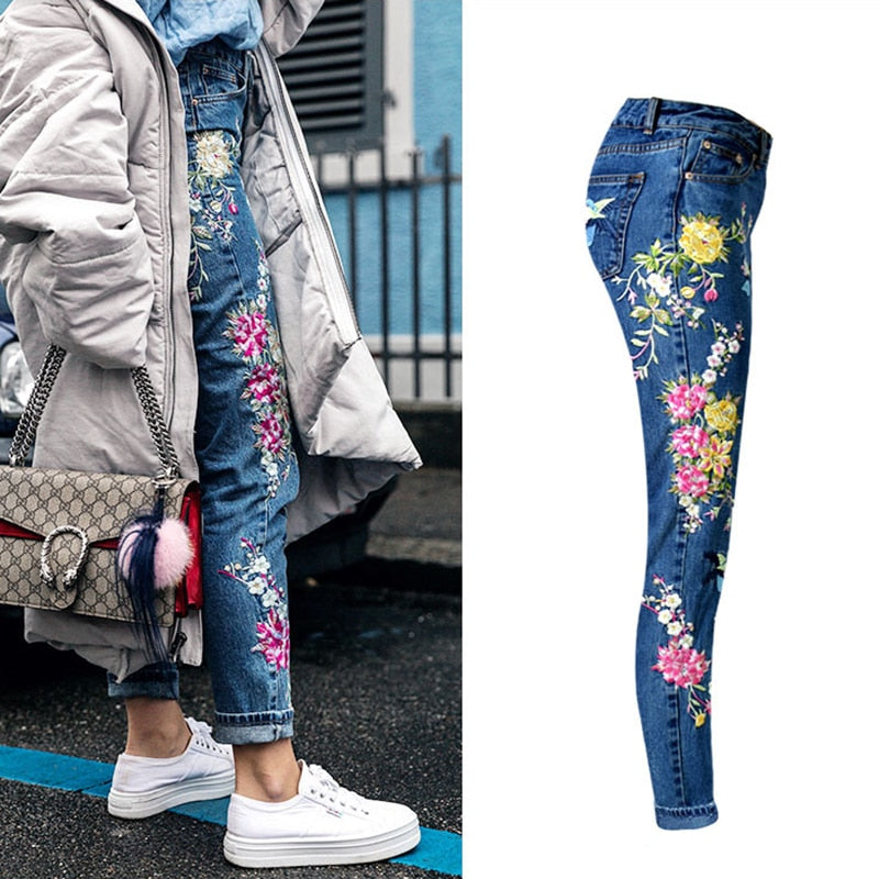 Shonlo | Straight Long Jeans Pants 3D Flowers Embroidery High Waist 