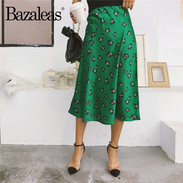 Shonlo | women skirt High Waist Midi Skirts Slim Floral Green Print 
