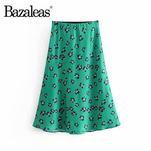 Shonlo | women skirt High Waist Midi Skirts Slim Floral Green Print 